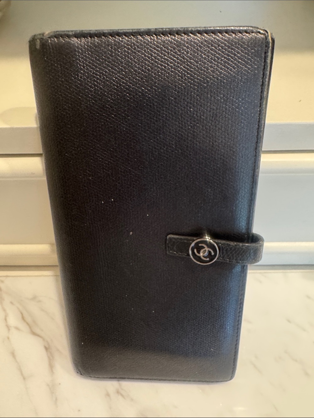 CHANEL Black Leather Long Wallet with CC Button Strap